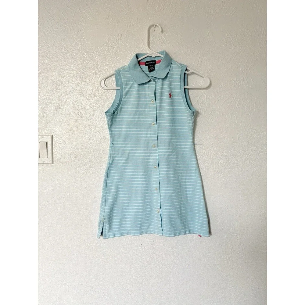 Ralph Lauren Vintage Girls Light Blue & White Stripped Collared Sleeveless Dress
